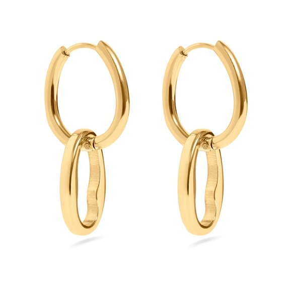 Earrings Gold Oval dangle interlocked, Wear In shower Waterproof no tarnish - Picture 1 of 3